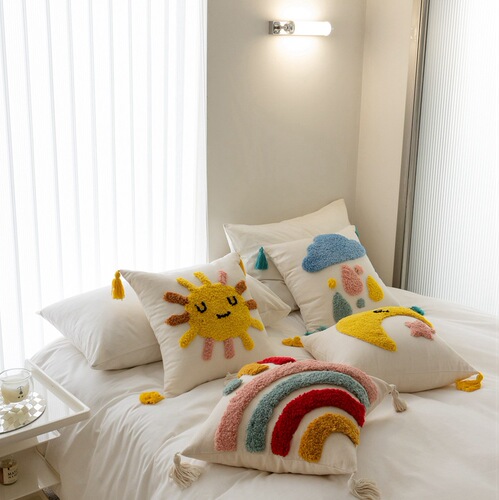 New children's cartoon pillow bedside cushion pillow tufted embroidery creative rainbow star sofa back bed pillow