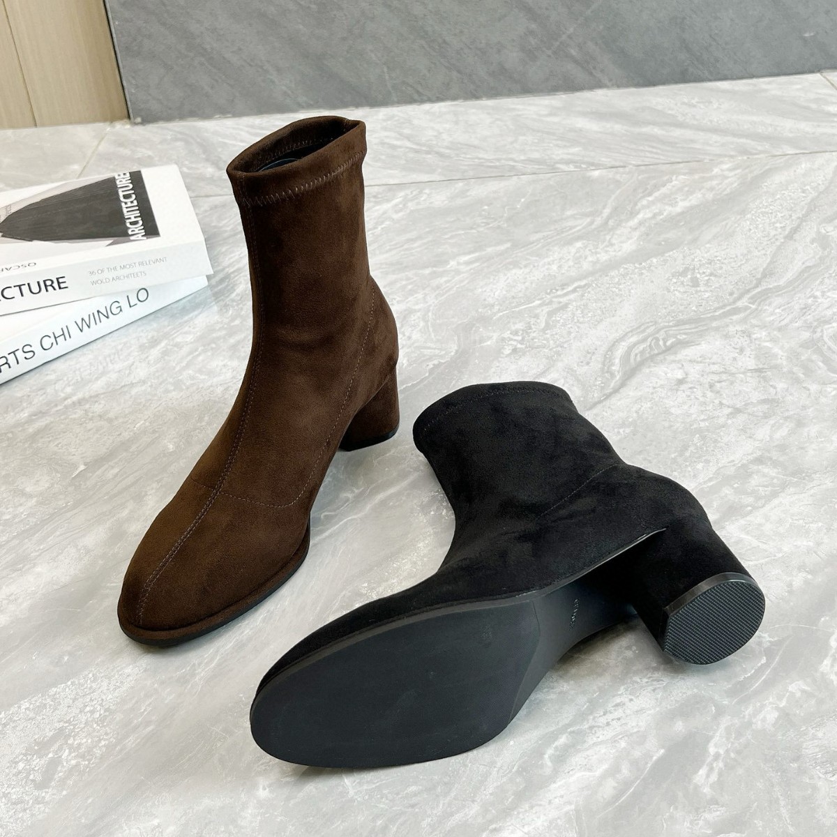 Boot cổ thấp nữ mũi nhọn gót thô cao 6 cm đế xuồng co giãn ôm chân — Màu nâu, Màu đen