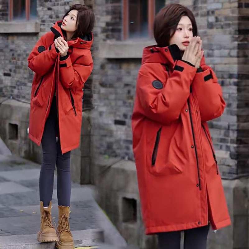 Down Jacket Women's 2025 Winter New Warm and Windproof Mid-Length Thickeneded Hooded White Duck down Jacket Trendy