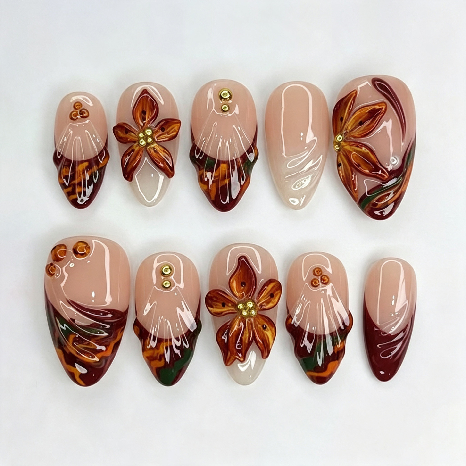 30 pieces of cross-border autumn and winter hot-selling 3D leopard print floral almond-shaped press-on nails, exquisite French manicure nail tips wholesale