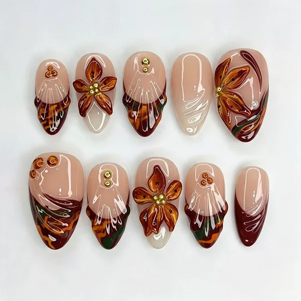 30 pieces of cross-border autumn and winter hot-selling 3D leopard print floral almond-shaped press-on nails, exquisite French manicure nail tips wholesale