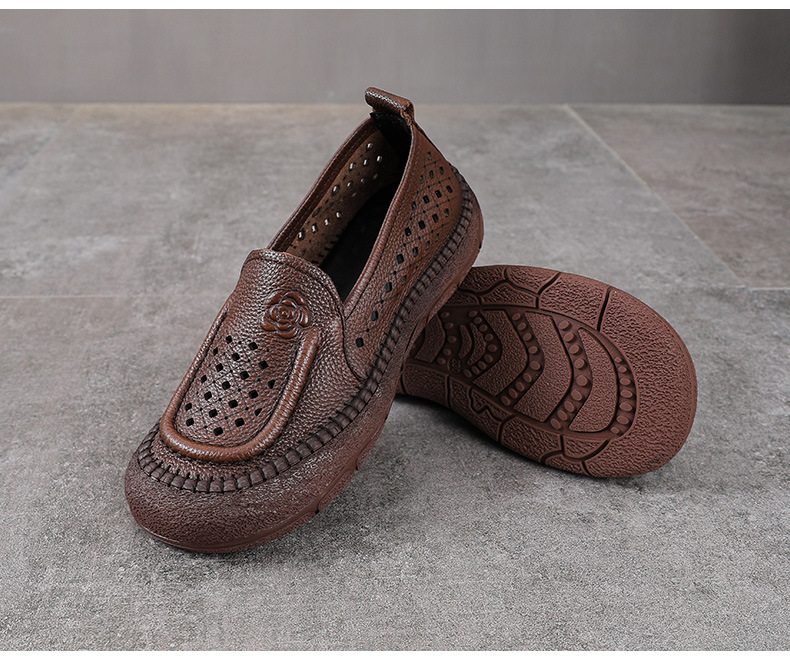 Dép sandal nữ xỏ ngón đế bệt da bò lỗ thoáng khí — Màu nâu chi tiết 14