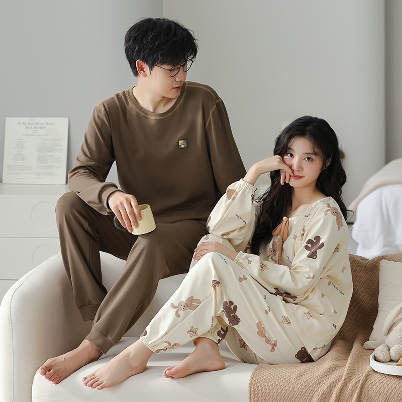純綿パジャマ カップル用 ラウンドネック プルオーバー レディース 綿100% 秋冬 メンズ 長袖 ホームウェアセット 外出可 カジュアル