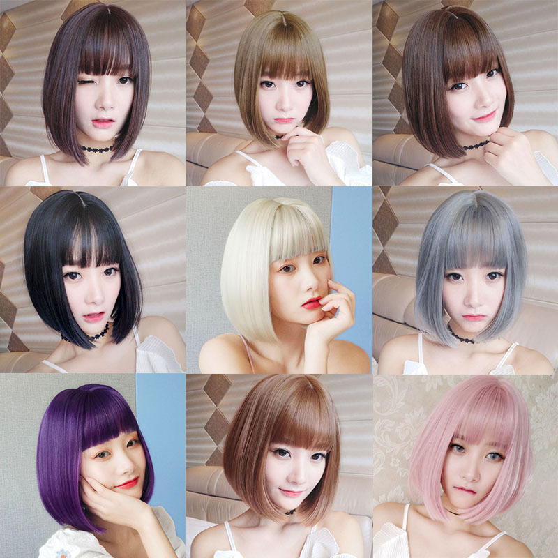 Wig female short hair inner buckle BOBO wave head realistic air bangs mid-point big head leather student Head full top hair cover
