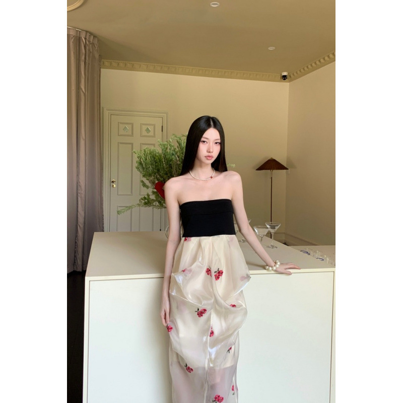 Floral Embroidered Tube Top Dress for Women, Slim Fit and Flattering Wrap Dress