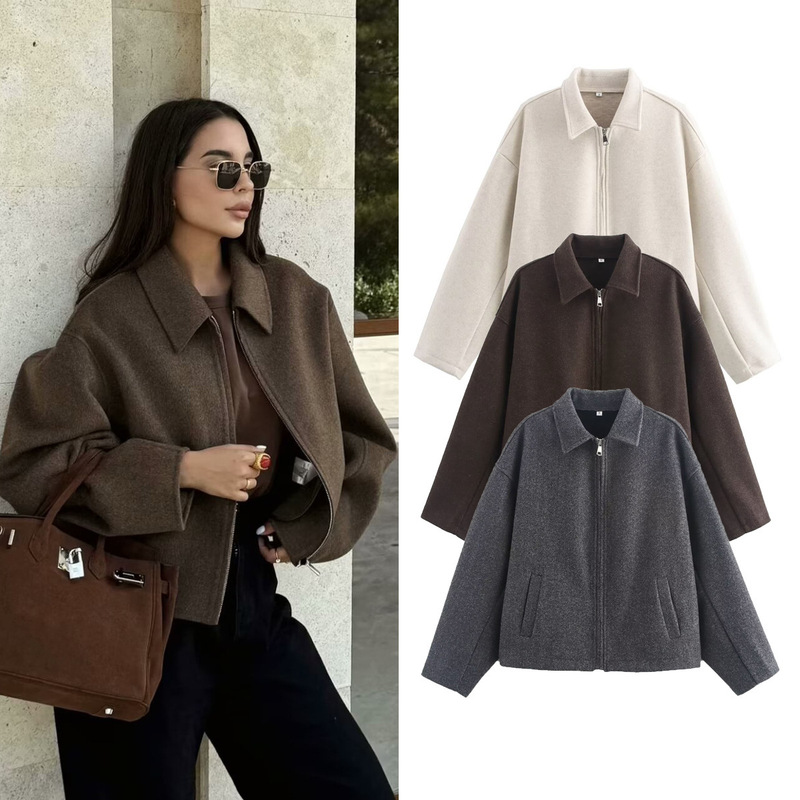 2025 Autumn Fashion Three-Color Solid Color Wide Zipper Woolen Jacket Cross-Border Amazon Women's Clothing B88780