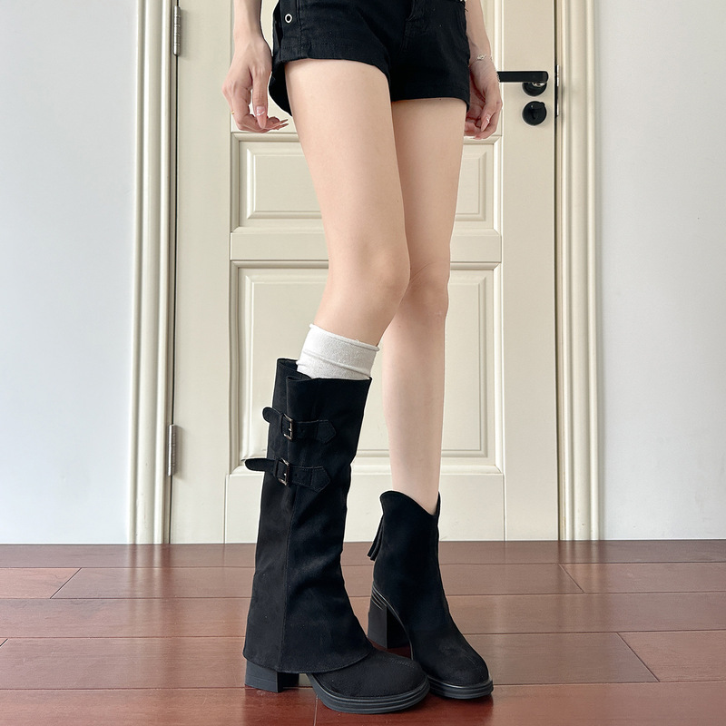 可拆卸长筒靴2025秋冬新款两穿裤管靴粗高跟长靴女中筒绒面西部靴|undefined
