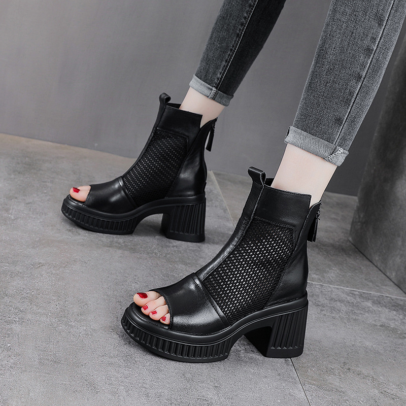 Sandal peep toe nữ da bò đế dày gót vuông, kiểu dáng La Mã lưới thoáng khí — màu đen