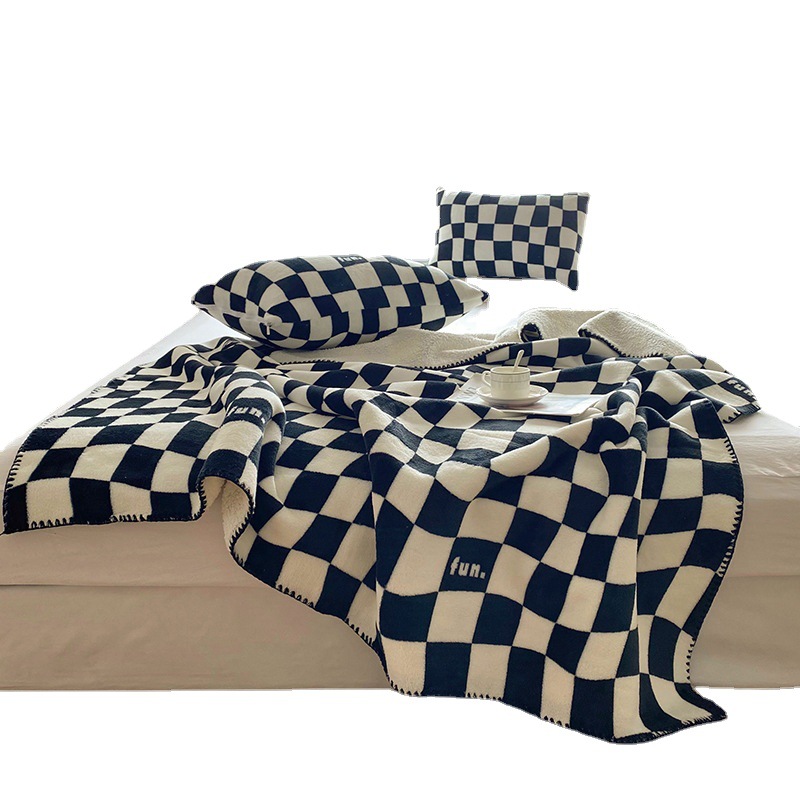 Cross-border Checkerboard Handmade Vintage Fashionable Gold Mink Sofa Blanket Lamb Fleece Composite Bed Cover Blanket Casual Blanket