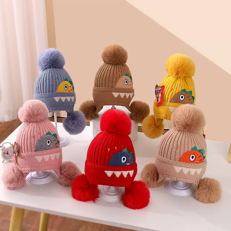 儿童帽子秋冬新款男女宝宝双球护耳针织毛线套头帽可爱恐龙保暖帽