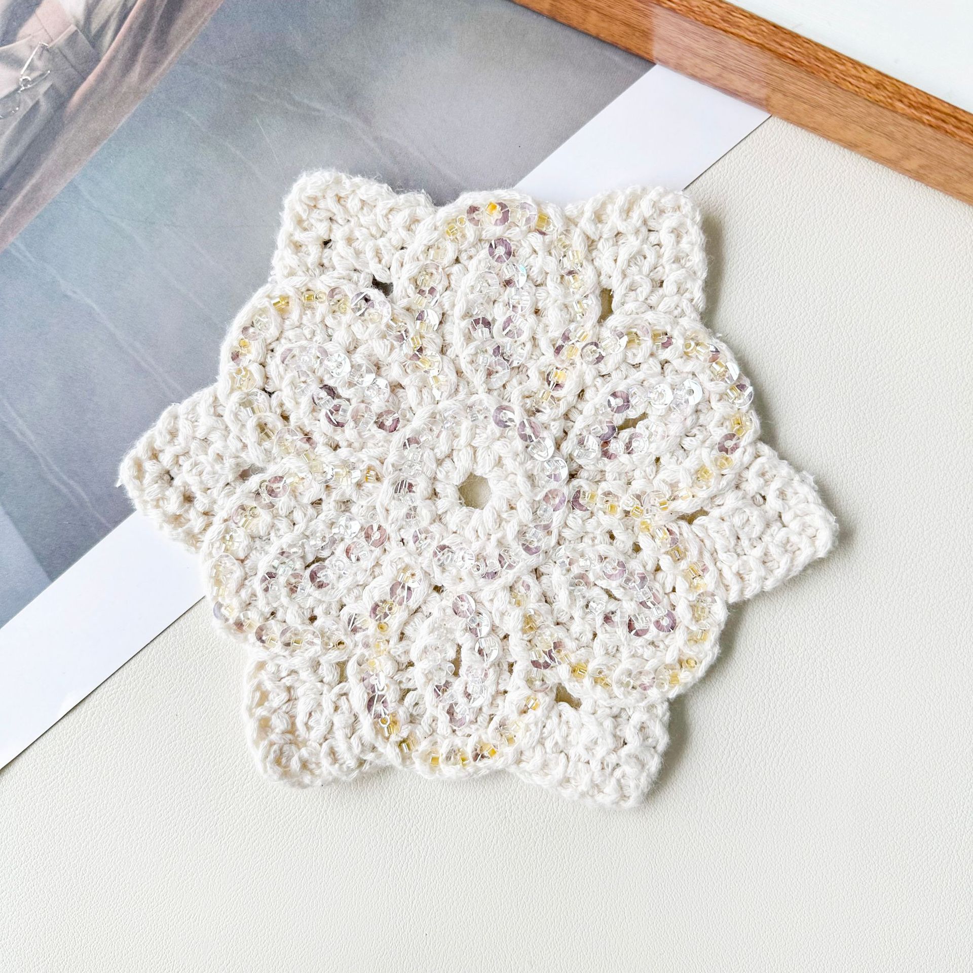 Tejido a mano de ganchillo flor de algodón arroz blanco sequilla decoración tela pegada bolsa cortina almohada decoración ropa