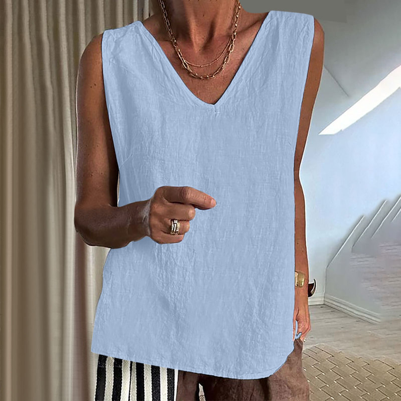 Cotton and Linen Vest, V-Neck Camisole, Solid Color Sleeveless Shirt, European and American Style, Can Be Worn Outside, Slightly Stretchy, Loose Fit, Short-Sleeve Pullover Style