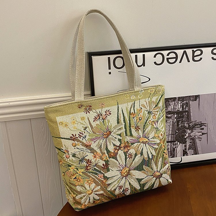 Double sided gold wire jacquard embroidered canvas student tutoring shoulder large capacity mommy bag, artistic style_voghion.com