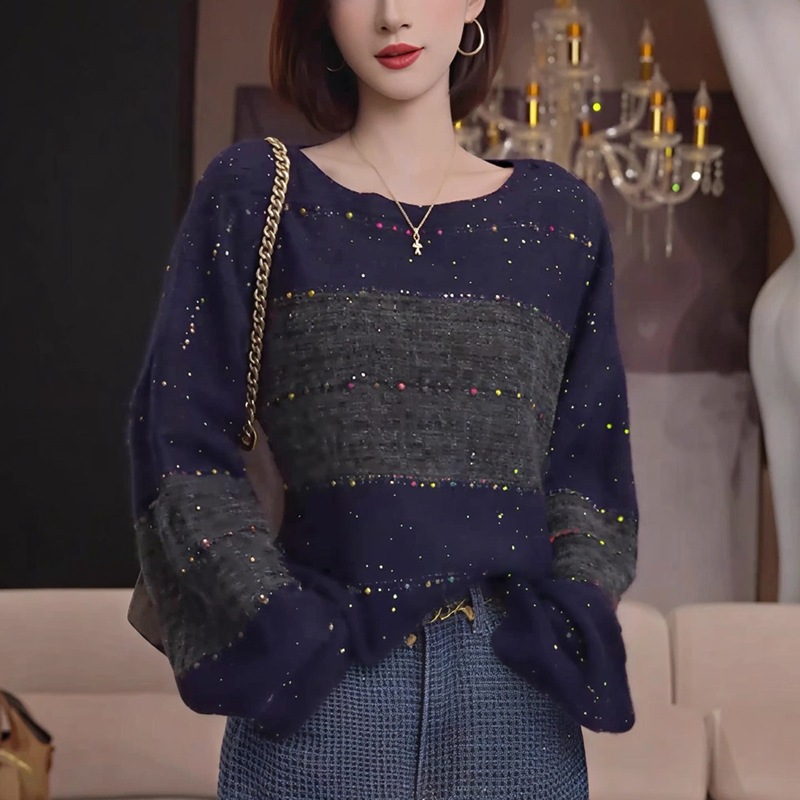 大码女装慵懒风撞色条纹亮片针织毛衣女秋冬胖MM百搭显瘦减龄上衣|undefined