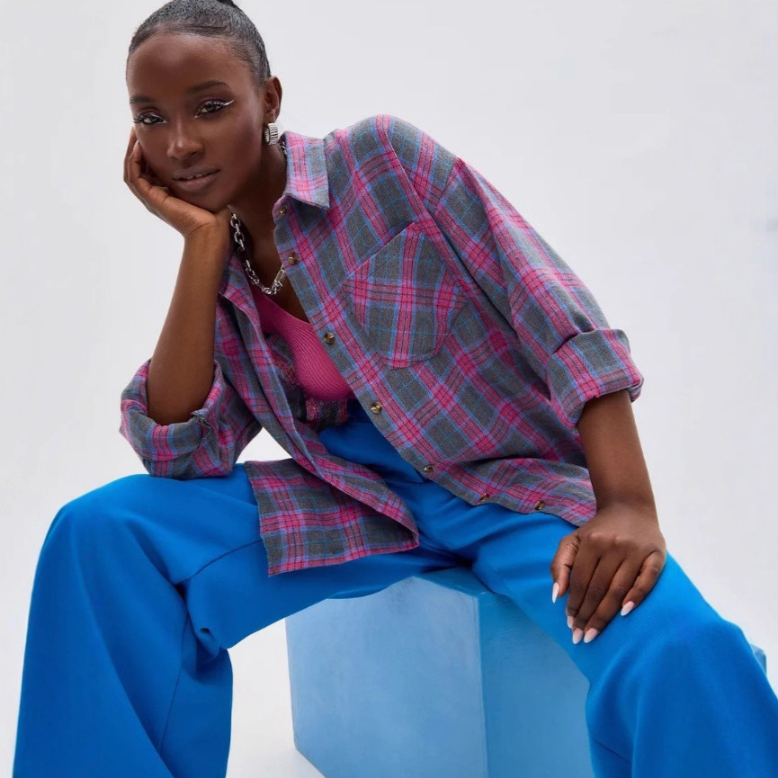 Amazon Cross-Border 2025 Autumn Retro Style Versatile Lapel Loose Shirt Plaid Long-Sleeved Flap Pocket Pants Women's Shirt