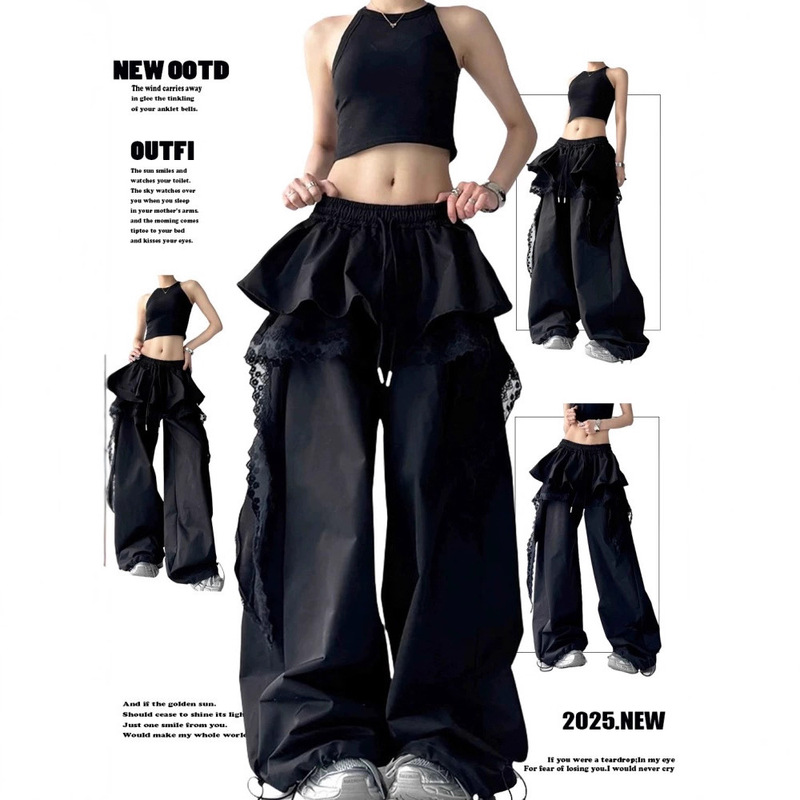 Layered Skirt Design Workwear Casual Pants for Women Niche Splicing Lace Layered Hip-Hop Jazz Hiphop Scimitar Pants