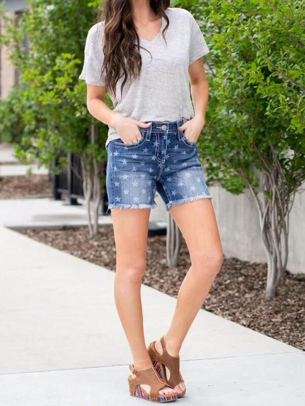 Sc New Style Women's Vintage-Style Denim Shorts - Casual and Sexy Star-Printed Washable Jeans