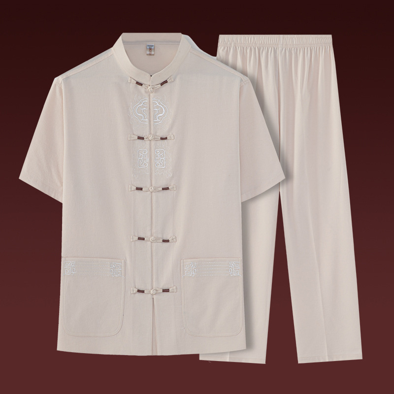 Tang Suit Short-sleeved Men's Summer Cotton and Linen Tang Suit Men's Short-sleeved Suit for Middle-aged Dads Chinese-style Ancient Costute Tang Suit Short-sleeved Men's Summer Cotton and Linen Tang Suit Men's Short-sleeved Suit for Middle-aged Dads Chinese-style Ancient Costute