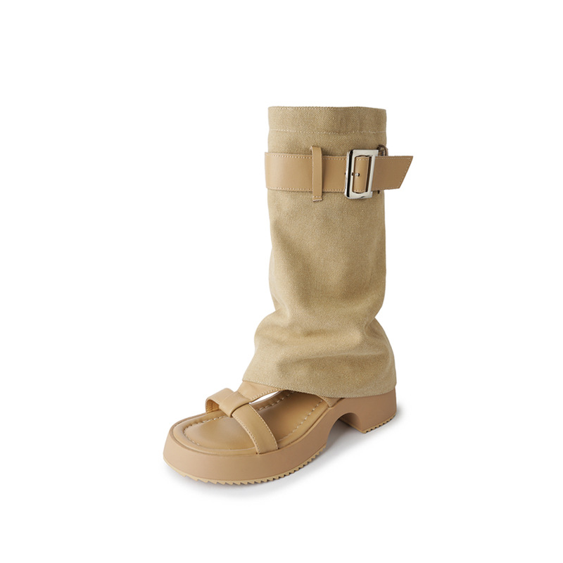 Sandal cao gót hở mũi nữ đế dày gót vuông, quai thắt lưng da bò — Màu đen