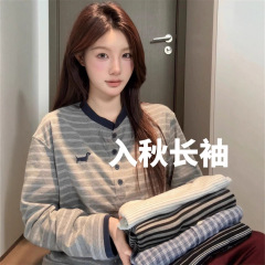 韩系复古拼接可爱小狗条纹亨利领长袖t恤女春秋原宿风薄款上衣潮