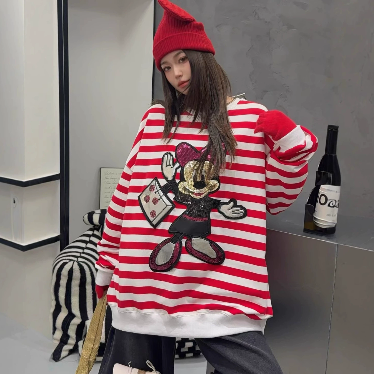 Свитшот, cartoon fleece ногти Sequins, плюс размер