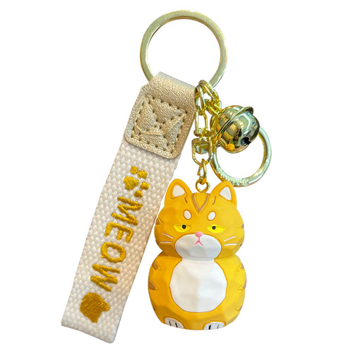 Cartoon Original Wood Carving Style Meow Meow Series Orange Cat Model Trendy Fashion Car Key Holder Cute Bag Charm