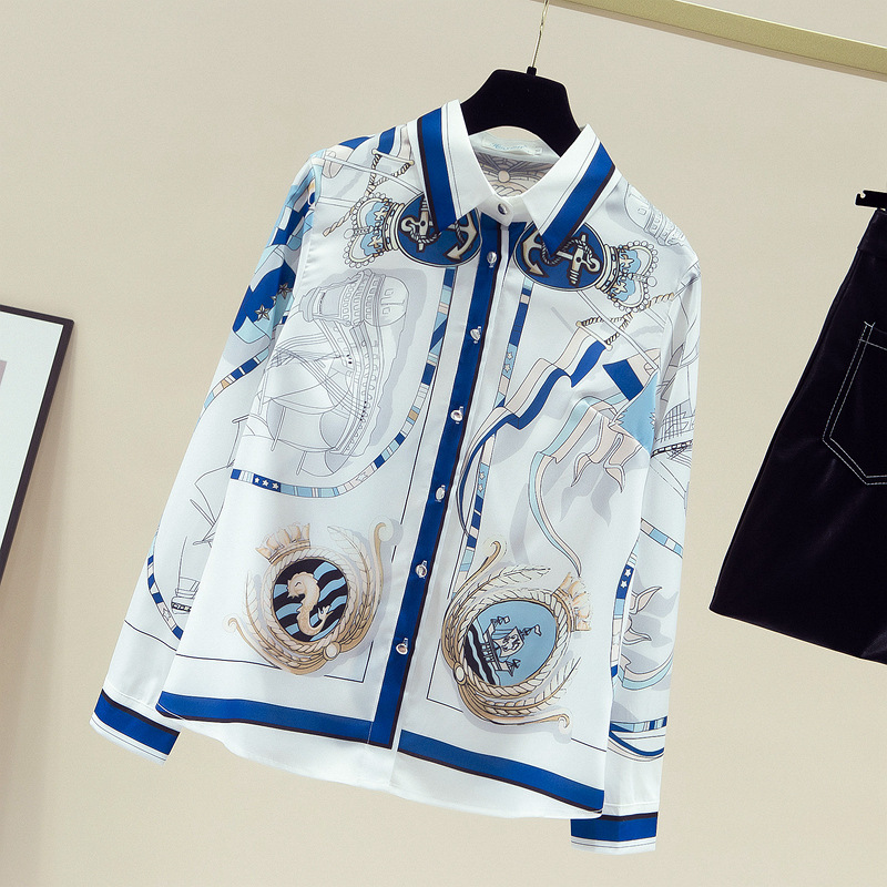 Women's Clothing 2024 early autumn real shot interesting printed chiffon shirt polo collar long sleeved floral commuter shirt women's tops_voghion.com