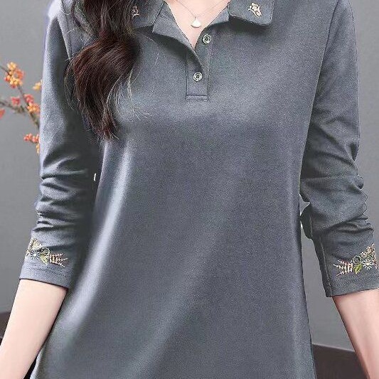 Cotton Turn-Down Collar Long-Sleeve T-Shirt Women's Fashion 2025 Autumn New Stylish Mom Polo Shirt Plus Size Top Base Shirt Trendy