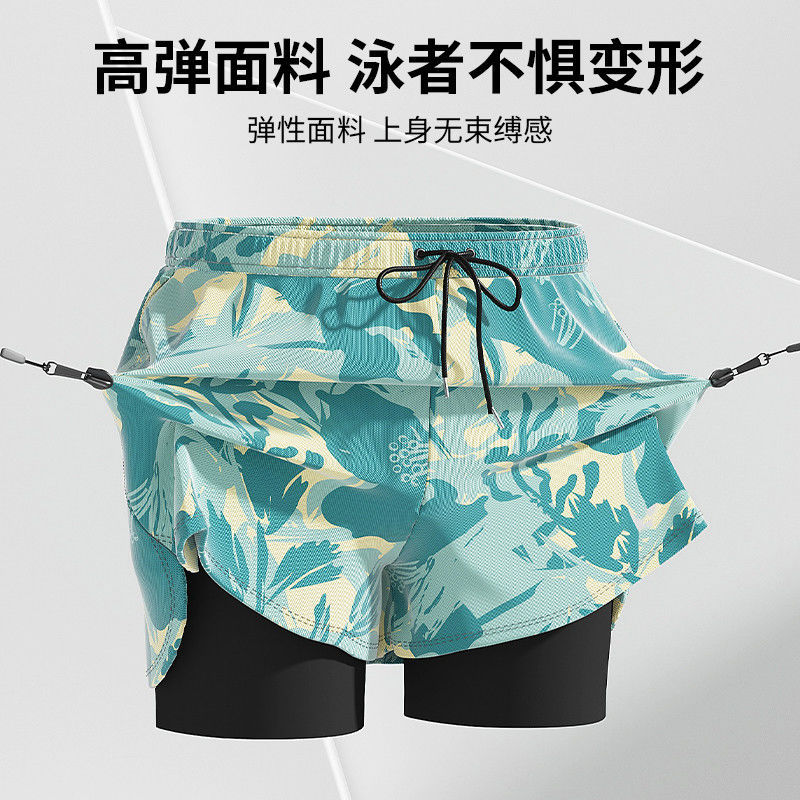 Men's Double-Layer Swim Trunks, Anti-Embarrassment, Three-Quarter Length, Adult Quick-Drying, Breathable, Elastic, Loose-Fitting Swimming Sports Beach Shorts Supply Chain