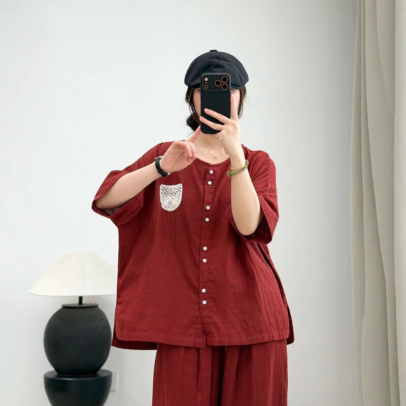 Artistic Retro Double-Layer Cotton Short-Sleeve Shirt for Women, 2026 Summer New Style, Loose Five-Quarter Sleeve Lace Pocket Cardigan 9045
