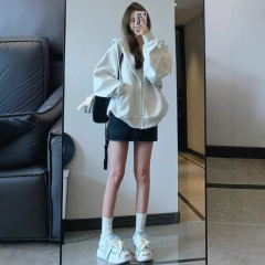 美式灰白色卫衣女秋季薄款oversize复古连帽外套宽松慵懒开衫上衣