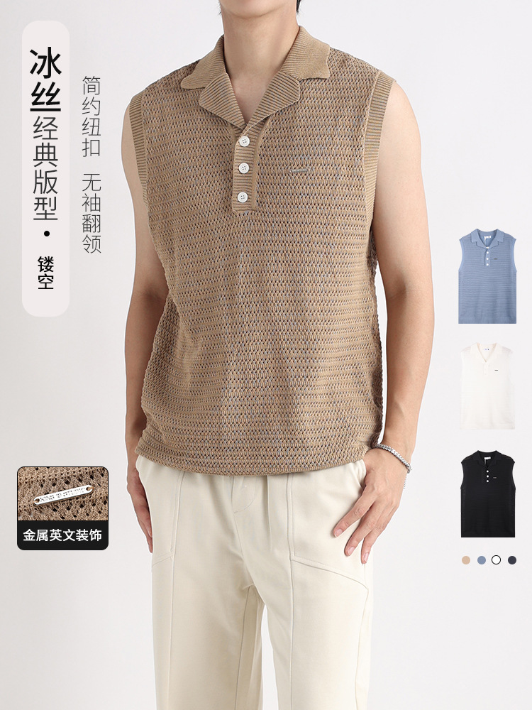 Chaleco con cuello de polo para hombre suéter de seda de hielo marca de moda para hombre sin mangas simple moda casual chaqueta hueca para hombre verano