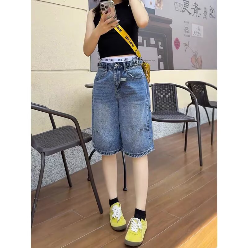American Retro Straight-Leg Denim Shorts for Women, Summer New Plus-Size High-Waisted Slimming Wide-Leg Mid-Length Shorts