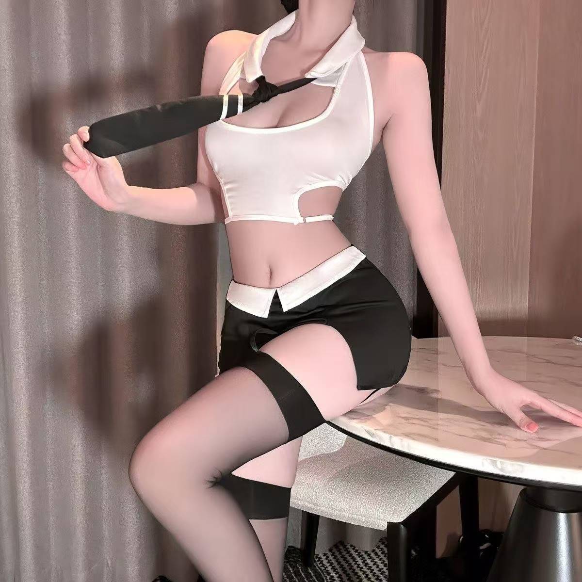 Secretary Roleplay Lingerie Set with Top, Skirt, Bow Tie, Thong and Garters — detail image 4