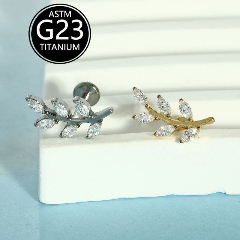 2025 New ASTm F-136 Titanium Alloy Full Diamond Leaf Lip Nail Ear Bone Nail Cross-Border Earrings Piercing Jewelry detail image 8