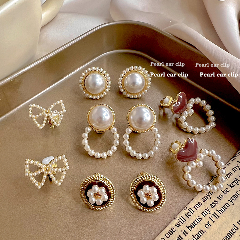 Pearl Painless Ear Clips for Women Xia Wu Ear Holes, Luxury and Luxury, Luxury and Elegant Feelings, Small Group, Retro Earrings, Temperament, Round Face Earrings, Wholesale