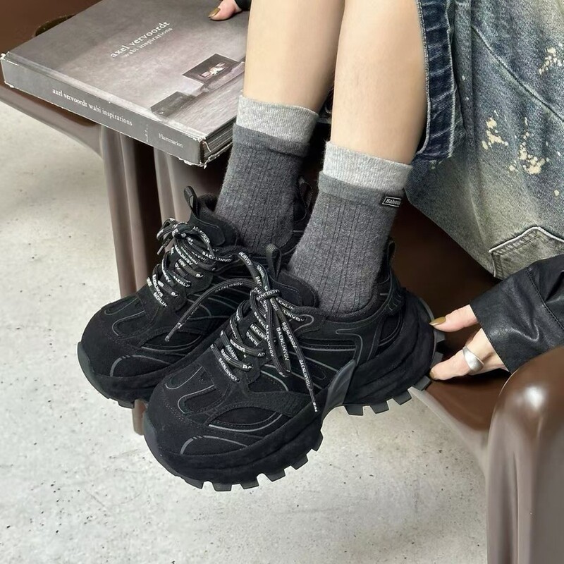 欧洲站圆头系带运动休闲鞋女反绒增高阿甘鞋复古真皮跑步鞋老爹鞋|undefined