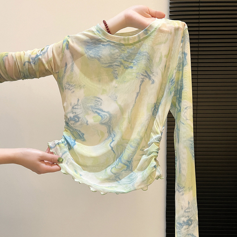 Spring and Summer Versatile Design Tie-Dye Mesh Top Long-Sleeved T-Shirt Petite Pleated Waist Short Air-Conditioned Shirt