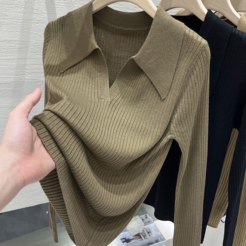 Super soft cored yarn knitted lapel top women's French elegant polo shirt V-neck solid color thin sweater bottoming shirt Women