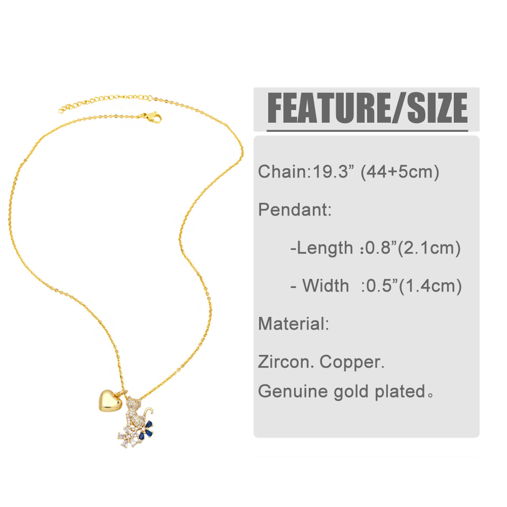 cute animal diamond-encrusted heart shape kitten puppy double pendant copper necklace collarbone cha