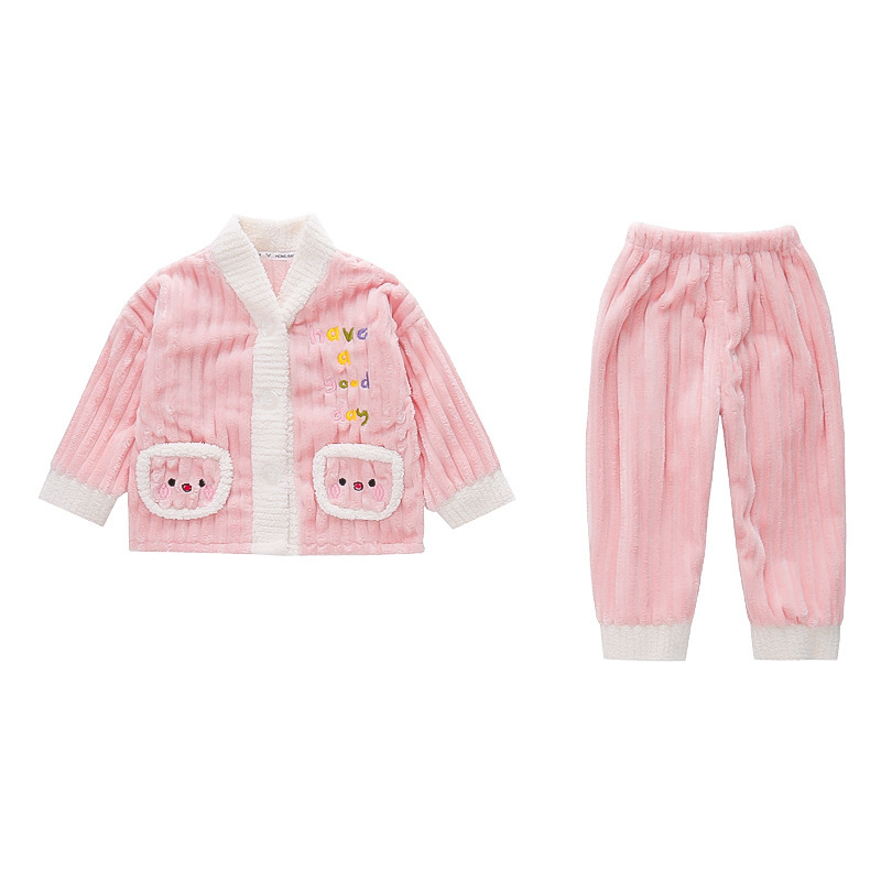 Ropa para el hogar de las niñas otoño e invierno nuevo coral polar forrado de lana engrosada lindo bebé niñas pijamas de franela traje