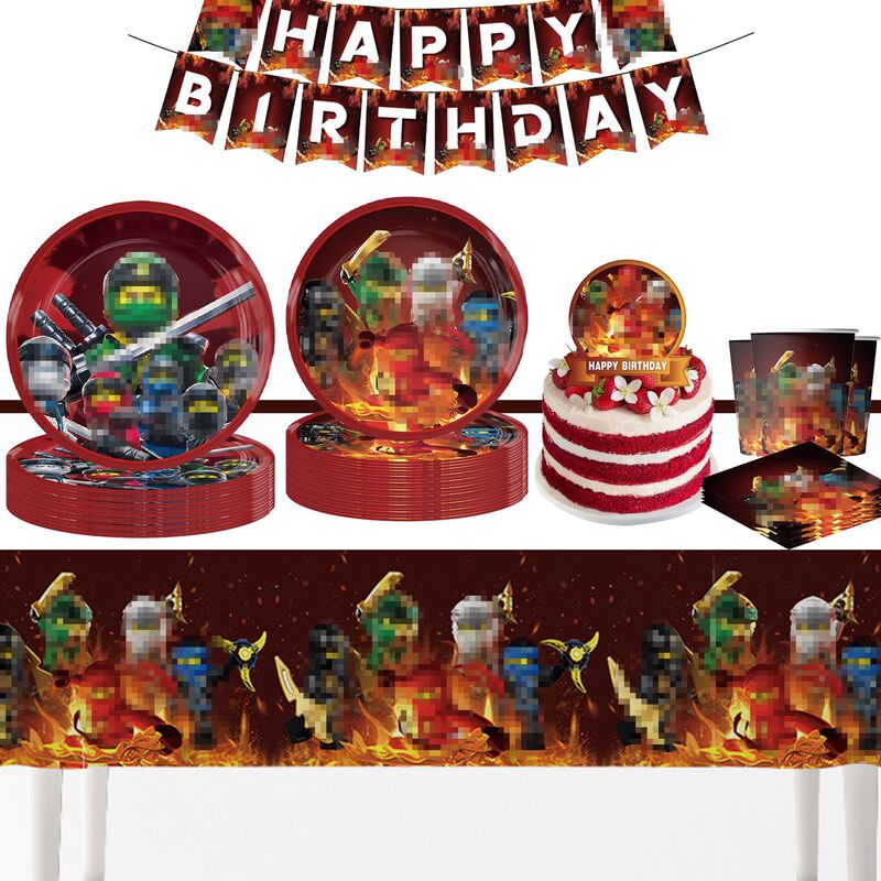 New Foreign Trade Lego Ninja Foreign Trade Party Supplies Paper Tray Paper Cup Tissue Banner Insert Row Decoration Balloon