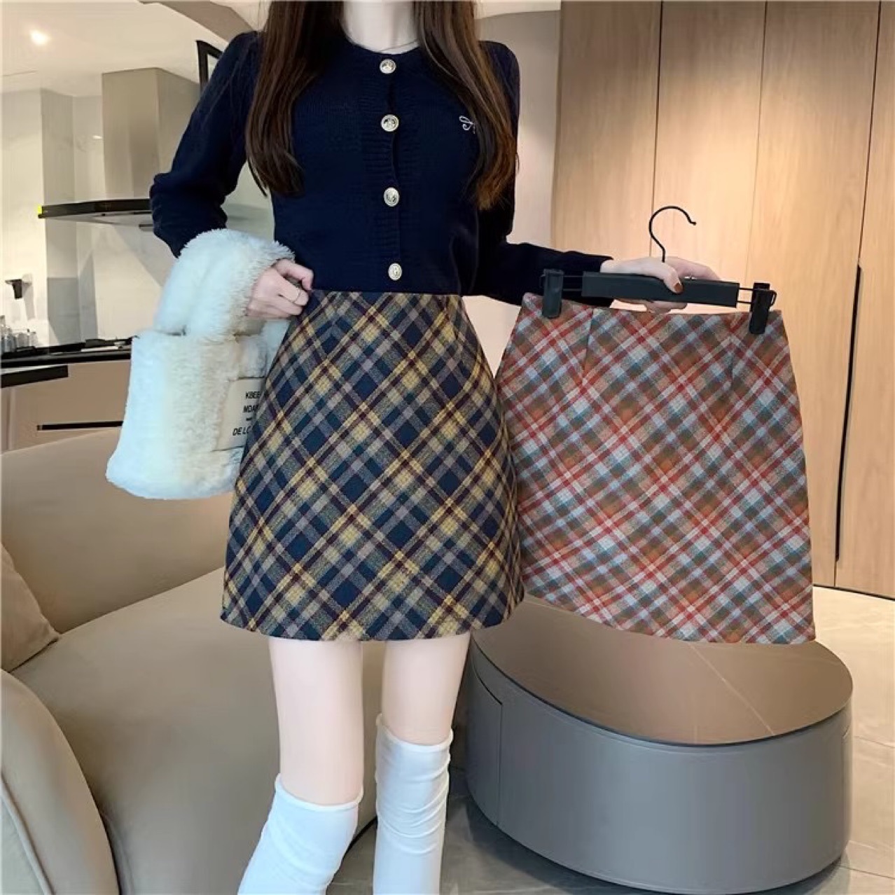 外贸2024秋冬毛呢新款格纹裙复古短裙高腰显瘦半身裙百搭