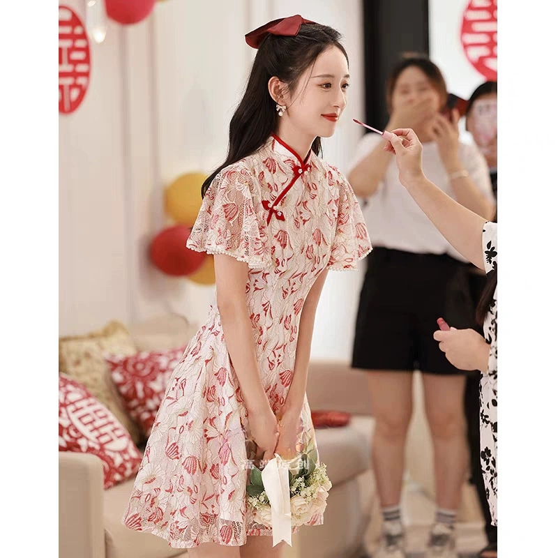 Свадебное платье для миниатюрной невесты, подходит для тостов, чонсам, платье для помолвки, повседневная одежда для выпускного вечера, с короткими рукавами для повседневной носки.