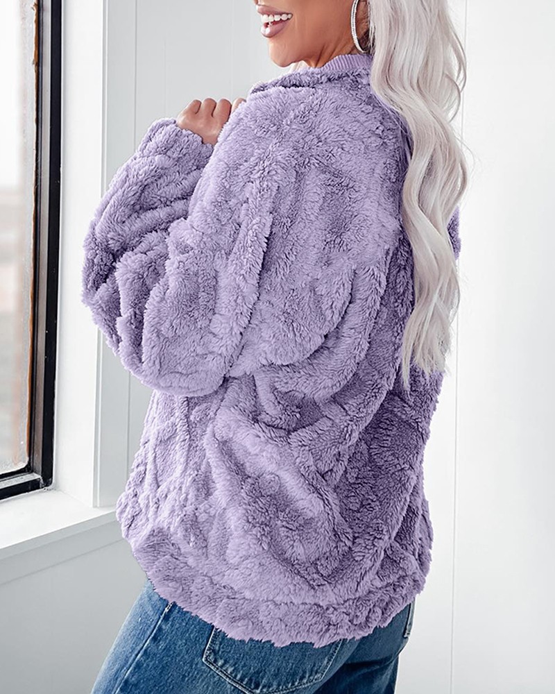 Women's Clothing simple solid color half zip stand collar loose plush pullover sweatshirt_voghion.com