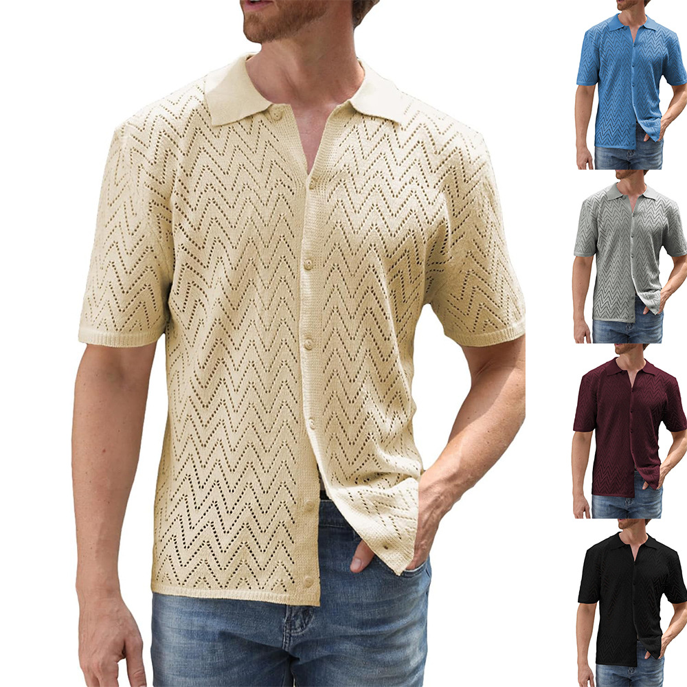 Summer New European And American Casual Knitted Short-sleeve Shirt, Cardigan, Solid Color Hollow Top Men's Clothing_voghion.com
