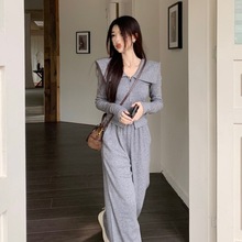 2025秋新款娃娃领时尚套装女修身显瘦翻领外套休闲阔腿裤两件套