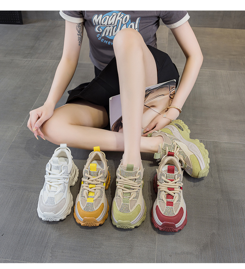 Giày sneaker nữ chunky đế dày phong cách retro, tăng chiều cao, đính đá lấp lánh — M2911 vàng, M2911 be, M2911 đỏ, M2911 xanh lá chi tiết 12