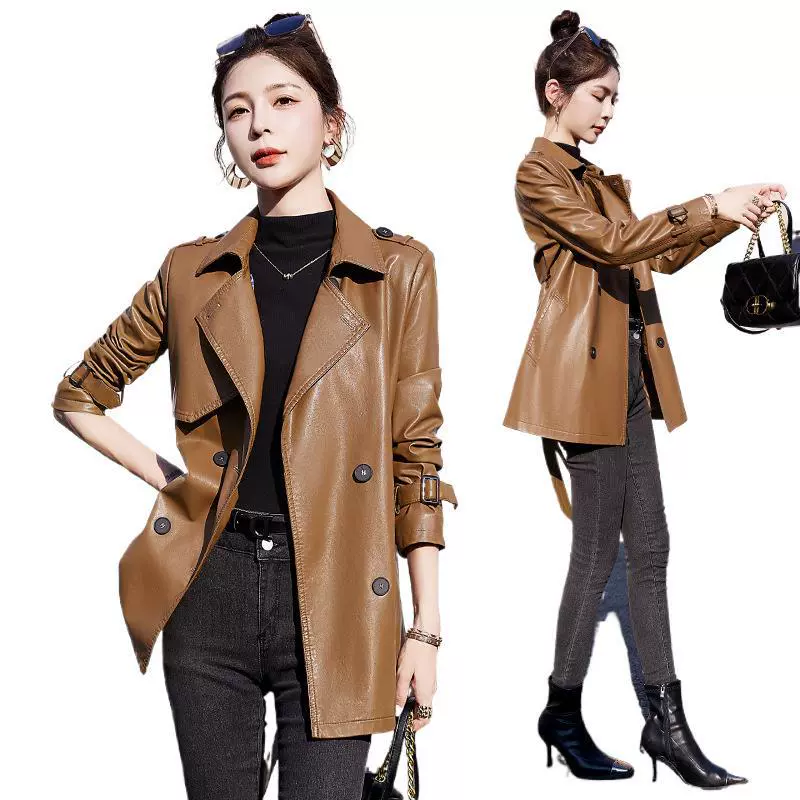 Плащ trench, длинная тесьма, натуральная кожа, средняя длина