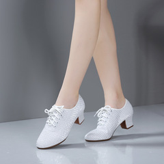 Women's New White Square Dance Shoes with Soft Medium Heel, Cowhide Sole Dance Shoes for Latin Dance Teachers, Breathable and Aesthetic Dance Shoes